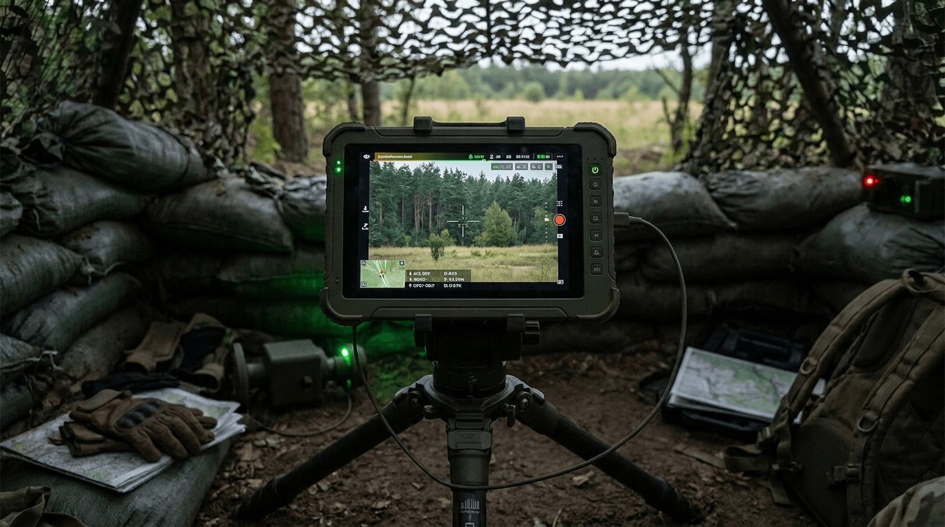 A rugged field tablet on a tripod showing a node's live feed from cover.