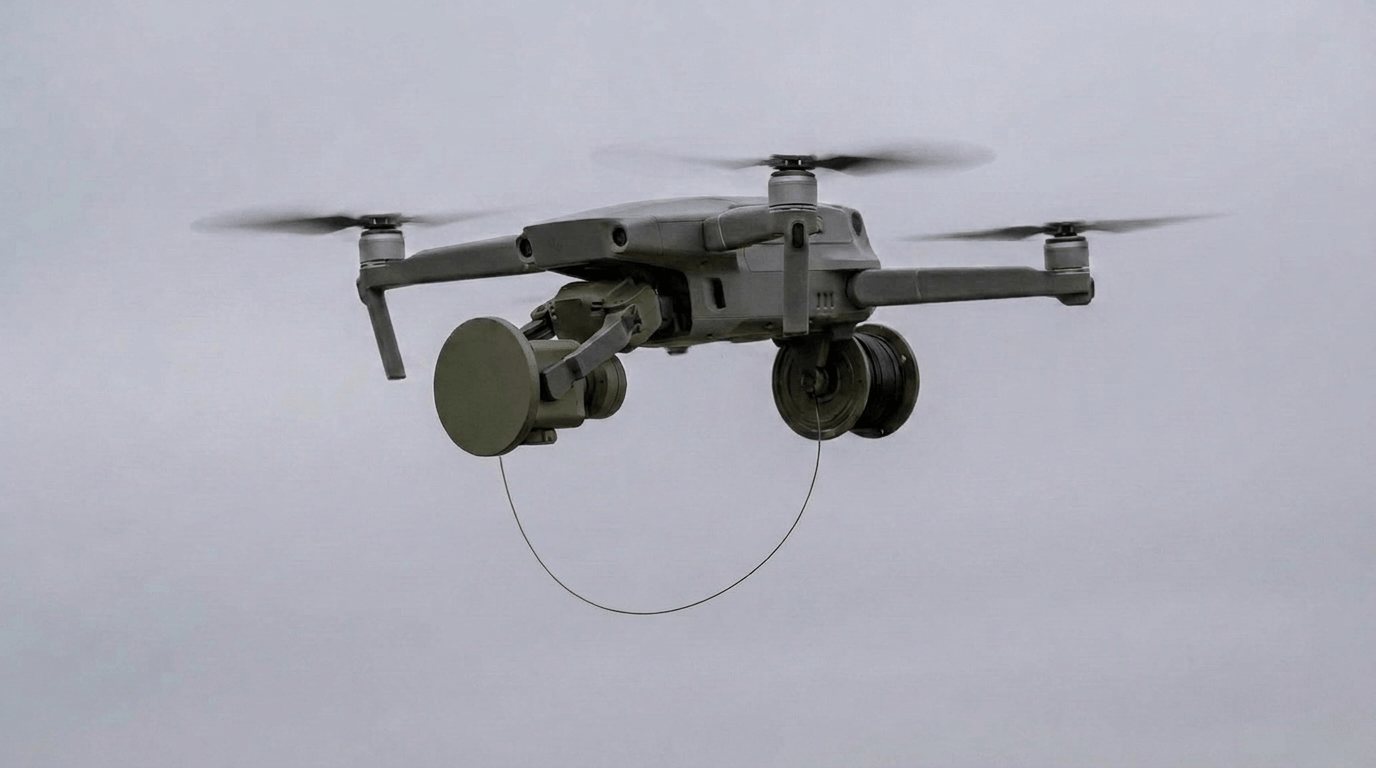 The drone in flight carrying the node, with the fiber spool paying out.