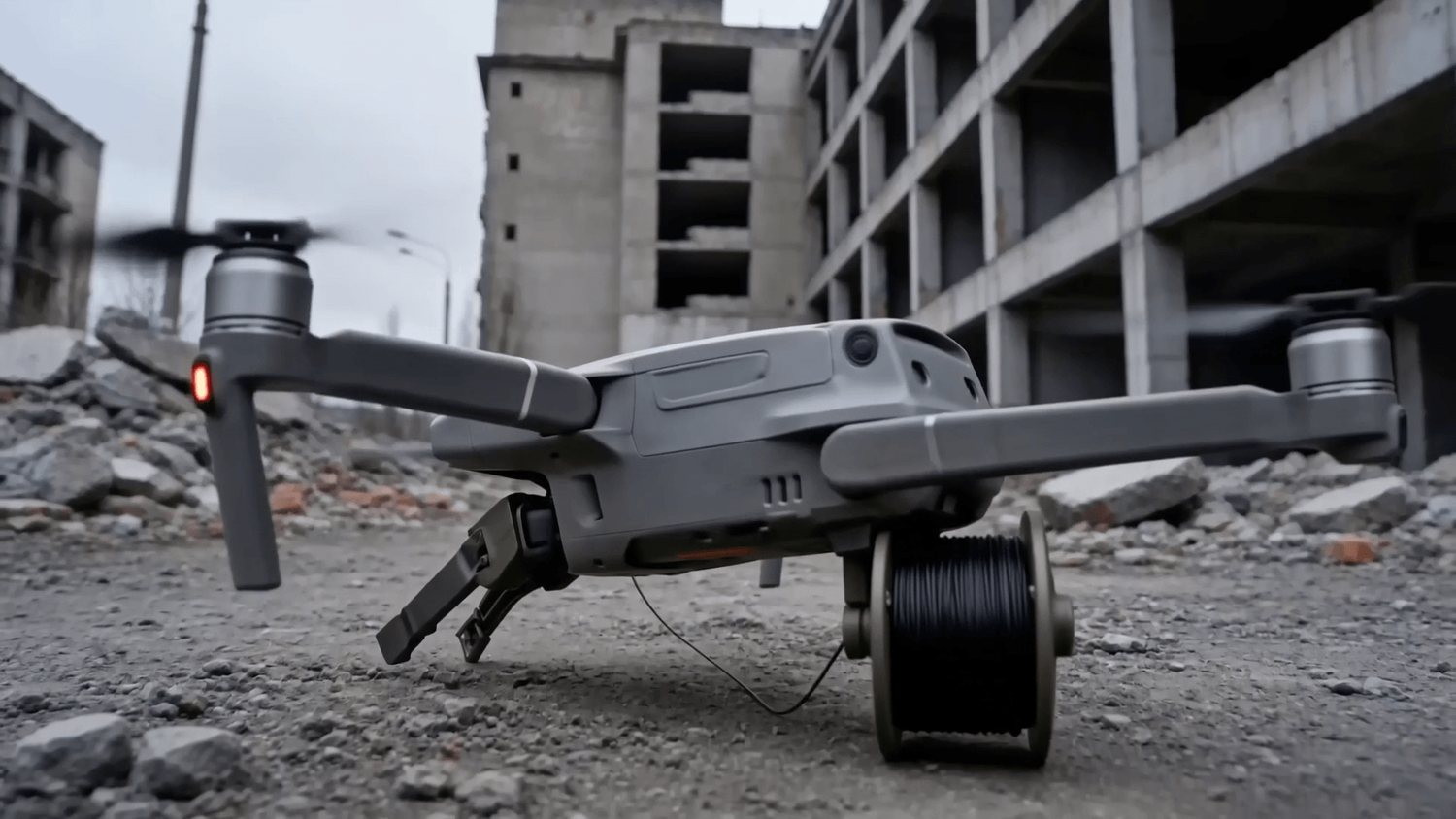 The reusable drone with its fiber spool, back on the ground after an emplacement.