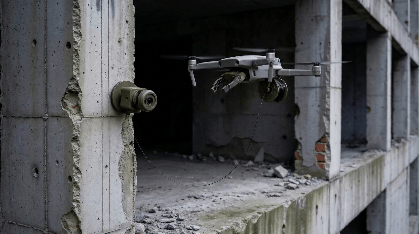 A Pitapod-1 node attached to a concrete wall while the drone flies clear, paying out fiber.