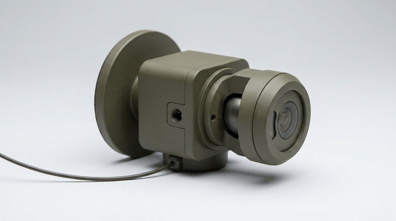 The Pitapod-1 node body with its spherical aiming joint and optical sensor.
