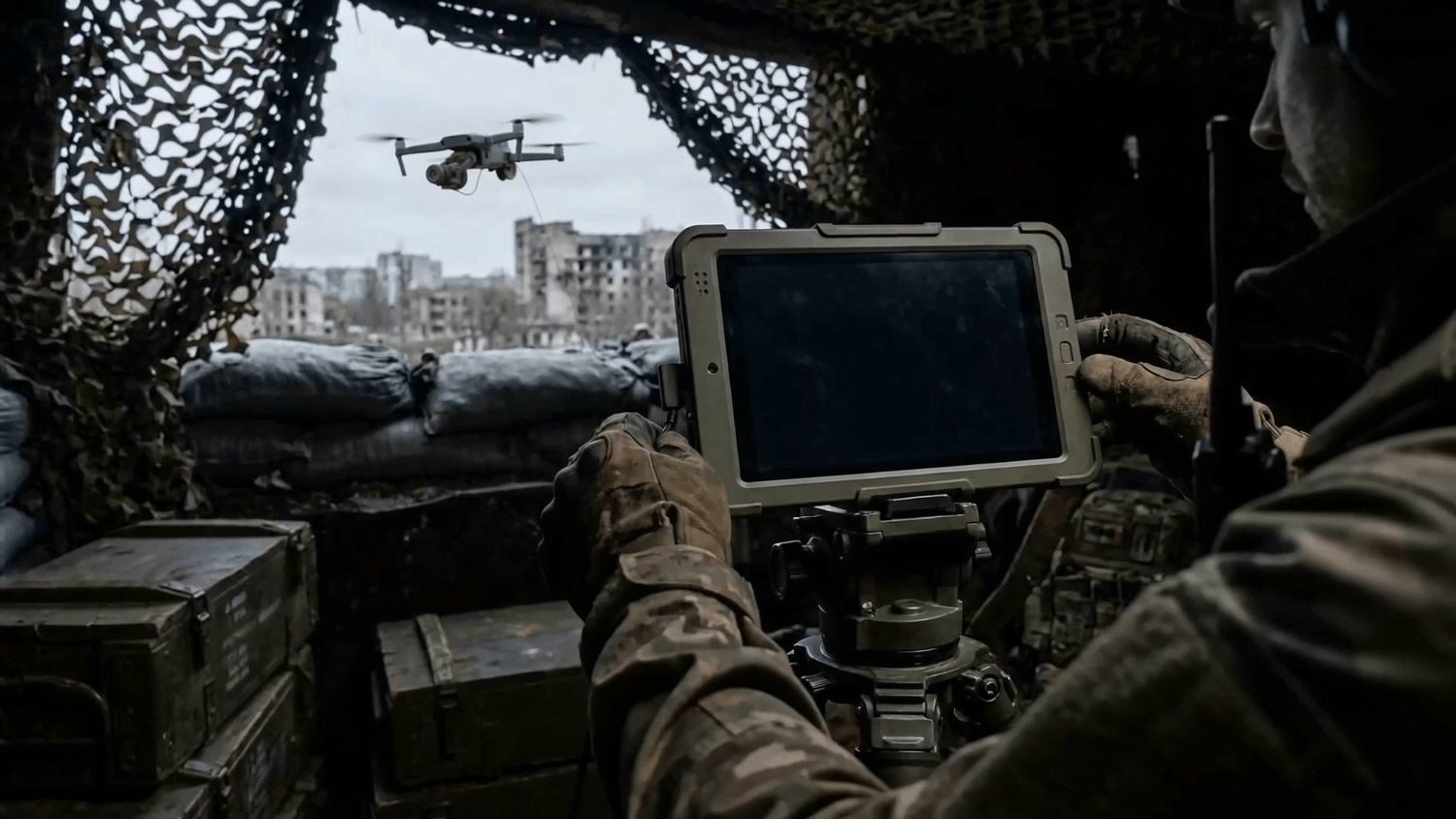 An operator watches a node's feed on a rugged tablet from cover while the drone works forward.